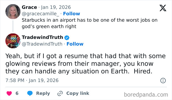 Twitter exchange about the challenges airport baristas face working at Starbucks in busy airport locations.