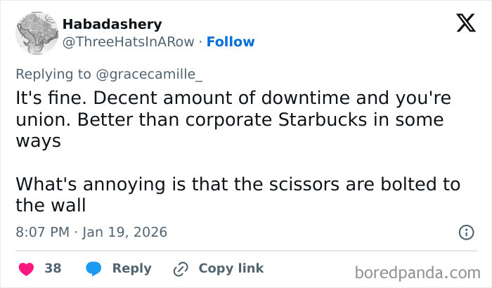 Tweet discussion about airport baristas highlighting downtime, union benefits, and workplace annoyances like scissors bolted to the wall.