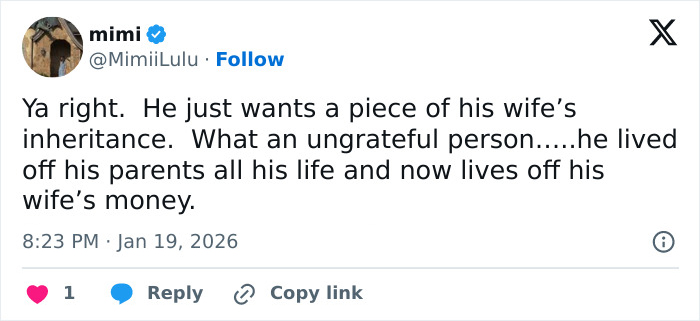 Tweet criticizing Brooklyn Beckham as out of touch, accusing him of seeking his wife&rsquo;s inheritance and relying on family money.