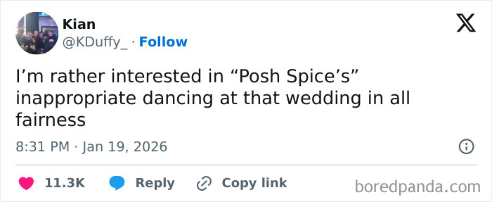 Tweet highlighting Victoria Beckham's dancing moment at her son's wedding, sparking online reactions and memes.