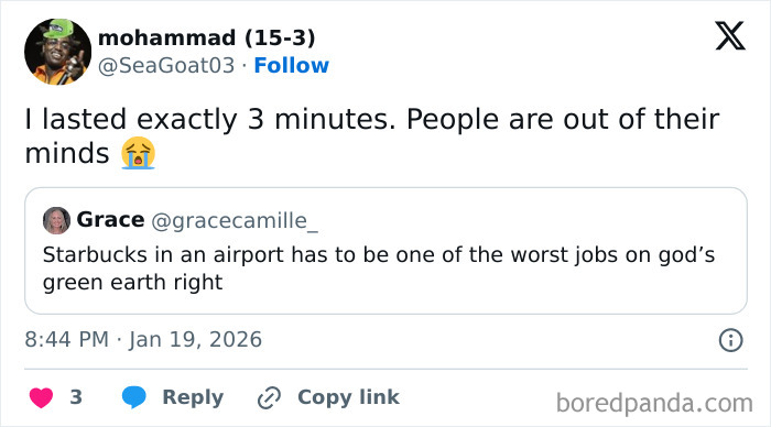 Tweet about airport baristas sharing why they have one of the worst jobs ever, highlighting difficult customer experiences.