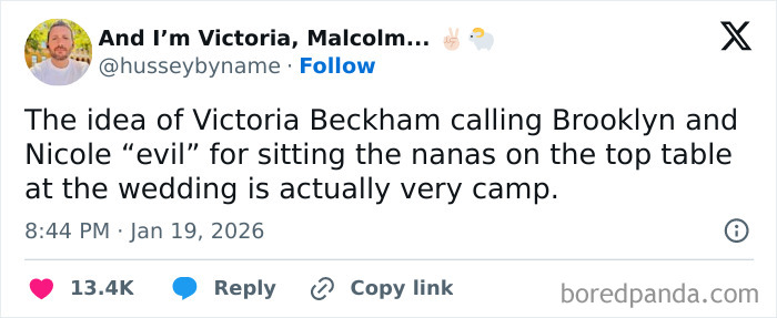 Tweet discussing Victoria Beckham’s role at her son’s wedding inspiring memes about seating arrangements and family dynamics.