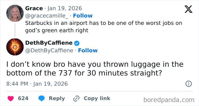 Screenshot of a Twitter conversation discussing why airport baristas have one of the worst jobs ever.