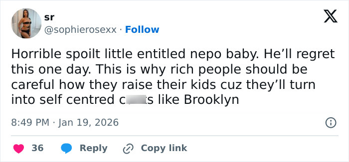 Screenshot of a social media post criticizing Brooklyn Beckham as out of touch amid family feud discussions.