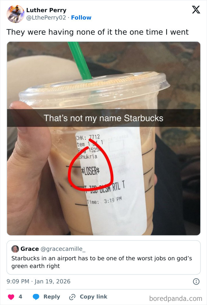 Iced coffee cup with a label reading loser, highlighting challenges faced by airport baristas in their difficult jobs.