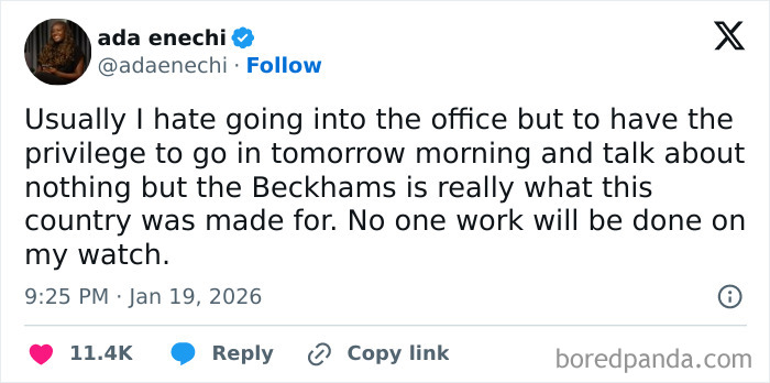 Tweet praising Victoria Beckham and the Beckhams during a son’s wedding celebration, highlighting their cultural impact.