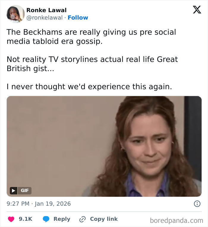 Tweet about the Beckhams bringing back pre social media era gossip with a GIF of a woman looking emotional.