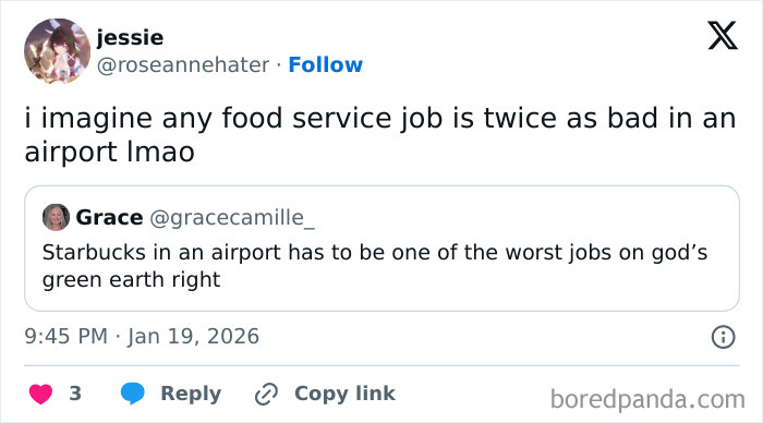 Social media post discussing why airport baristas have one of the worst jobs ever in food service.