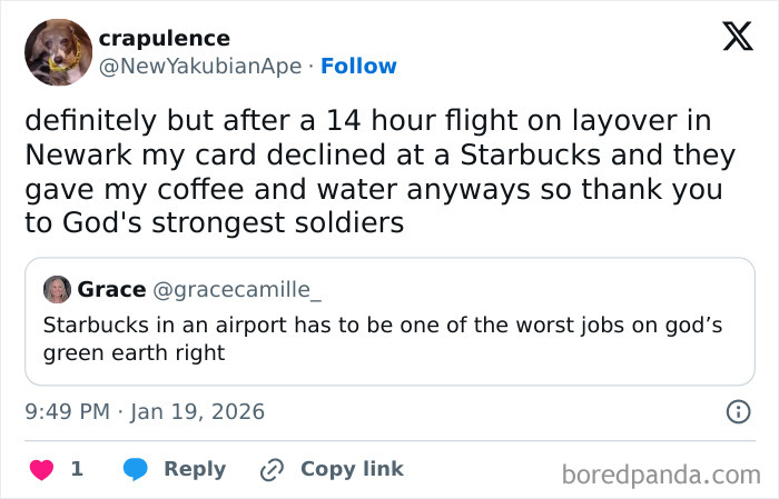 Tweet discussing challenges faced by airport baristas, highlighting why they have one of the worst jobs ever.