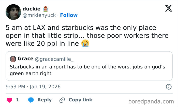 Screenshot of a Twitter post discussing airport baristas dealing with long lines and tough working conditions.