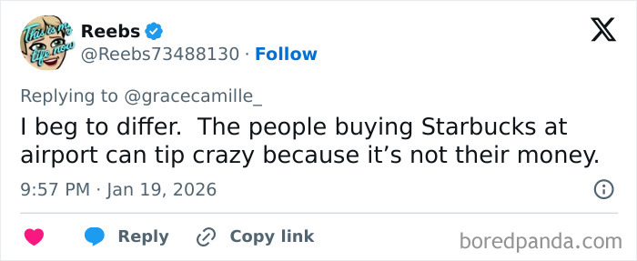 Tweet from user Reebs discussing airport baristas and tipping culture, highlighting challenges of airport barista jobs.