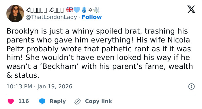 Alt text: Social media post criticizing Brooklyn Beckham amid family feud highlights backlash and out of touch reaction.