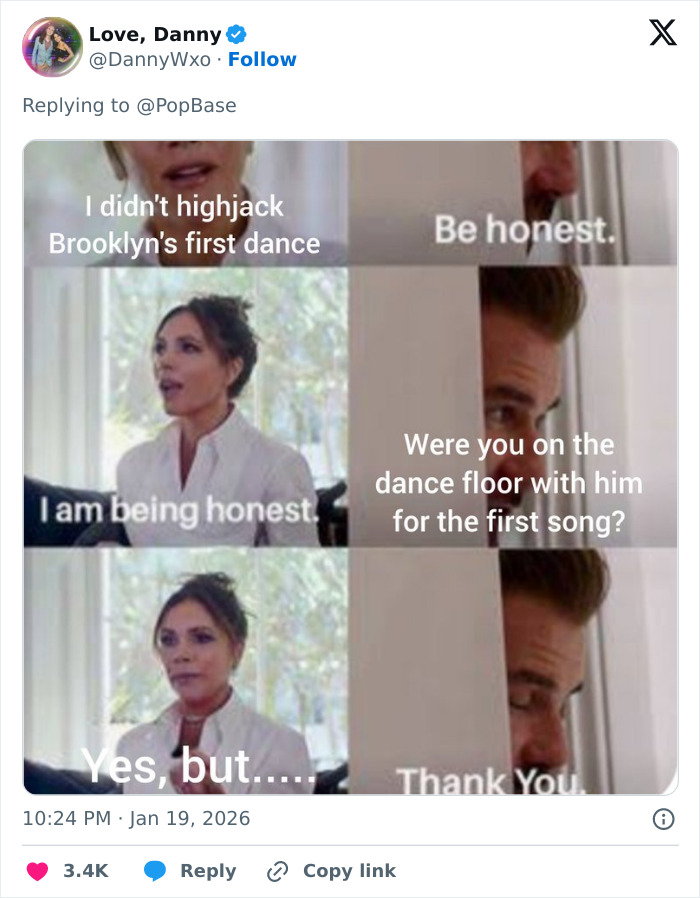 ALT text: Cruz Beckham and Victoria Beckham in a meme mocking Brooklyn's claim about dancing inappropriately at the wedding.