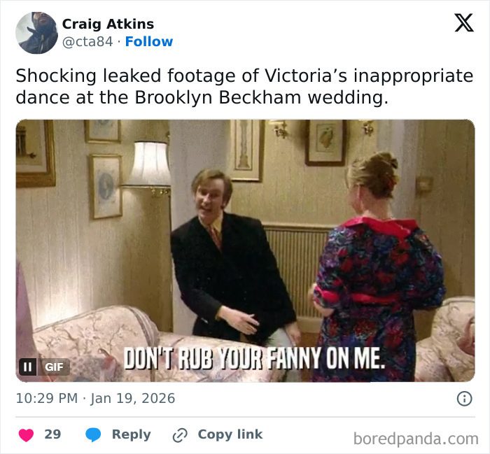 Humorous meme referencing Victoria Beckham stealing the spotlight at her son's wedding with a dance moment.