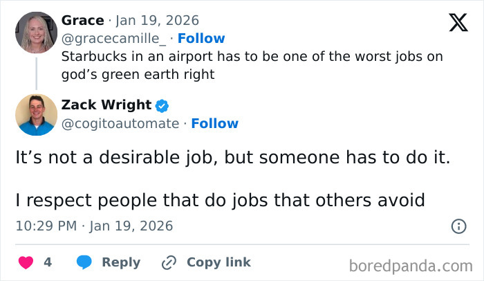 Twitter conversation about airport baristas, highlighting the job as one of the worst with respect and understanding.