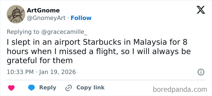 Tweet showing a user sharing their experience sleeping in an airport Starbucks, highlighting challenges airport baristas face.