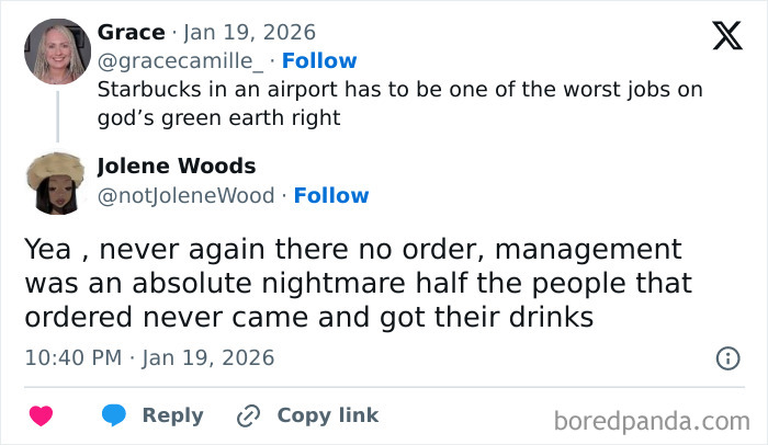 Tweet exchange showing airport baristas discussing why working at an airport Starbucks is one of the worst jobs ever.