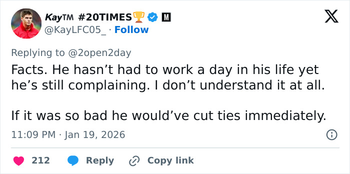 Screenshot of a social media reply criticizing Brooklyn Beckham amid family feud response, calling him out of touch.