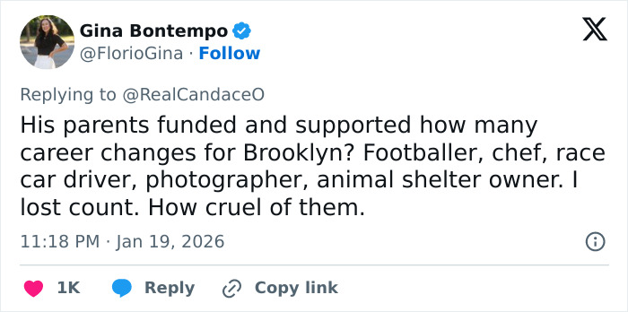 Tweet discussing Brooklyn Beckham&rsquo;s career changes amid family feud backlash on social media.