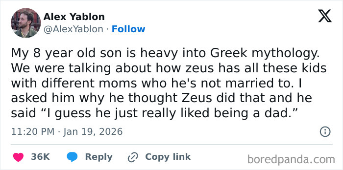 Tweet showing unintentionally comedic moments of parenting with a child’s funny take on Greek mythology and Zeus as a dad.