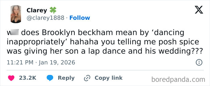 Screenshot of a tweet joking about Victoria Beckham stealing the spotlight at her son’s wedding.