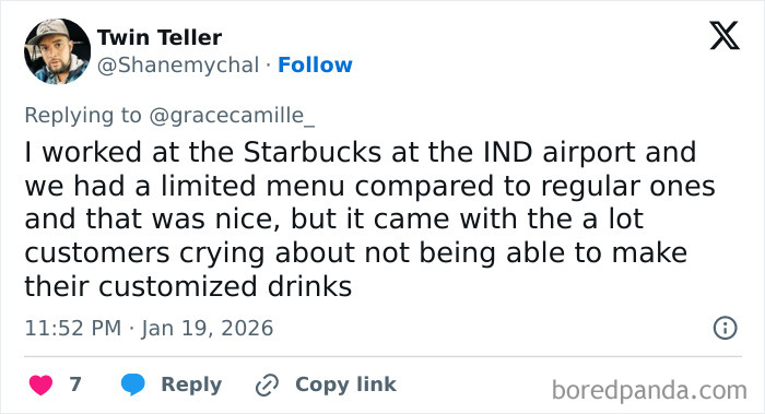 Tweet from an airport barista describing challenges with limited menu and difficult customer requests at an airport coffee shop.
