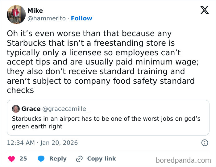 Tweet discussing challenges faced by airport baristas including low wages, lack of training, and poor working conditions at licensed Starbucks locations.