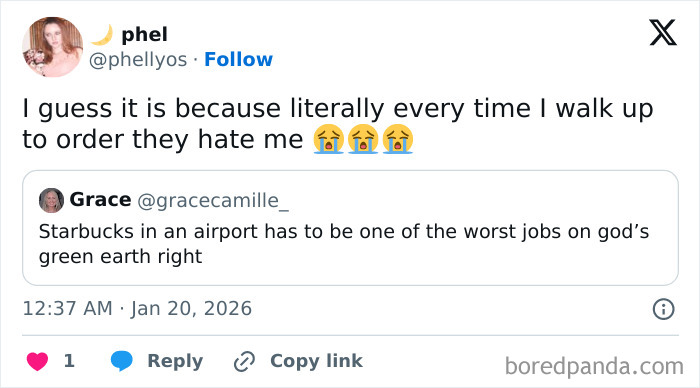 Tweet discussing the challenges of being airport baristas, highlighting why they have one of the worst jobs ever.