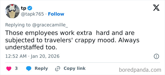 Tweet screenshot showing an airport barista describing working extra hard, dealing with travelers' bad moods, and being understaffed.