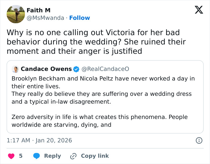 Tweet discussing Brooklyn Beckham criticized as out of touch amid family feud and controversy over wedding behavior.