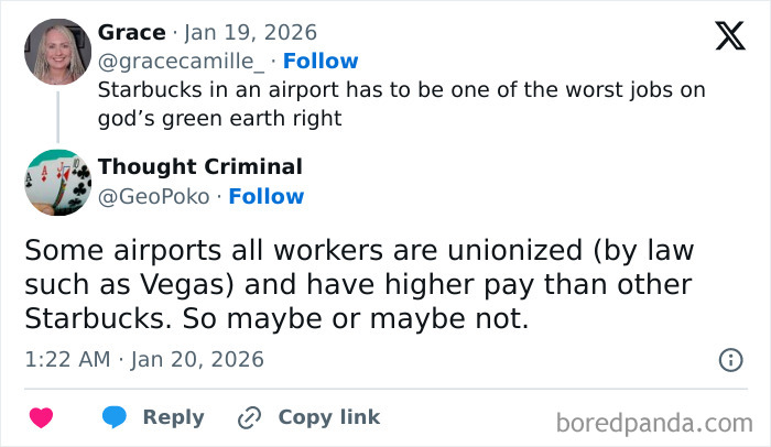 Airport baristas discussing why working at airport Starbucks can be one of the worst jobs due to conditions and pay.