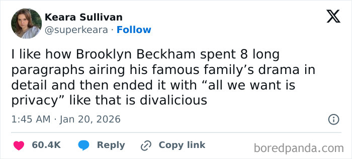 Tweet by Keara Sullivan commenting on Brooklyn Beckham's detailed family drama post and his call for privacy.