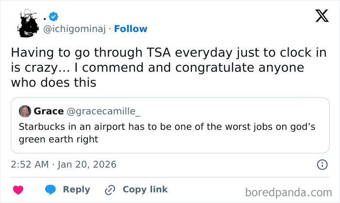 Twitter post discussing why working as airport baristas is considered one of the worst jobs due to daily TSA checks.