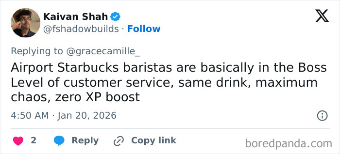 Airport baristas managing customer service chaos while making the same drink repeatedly with little reward or recognition.