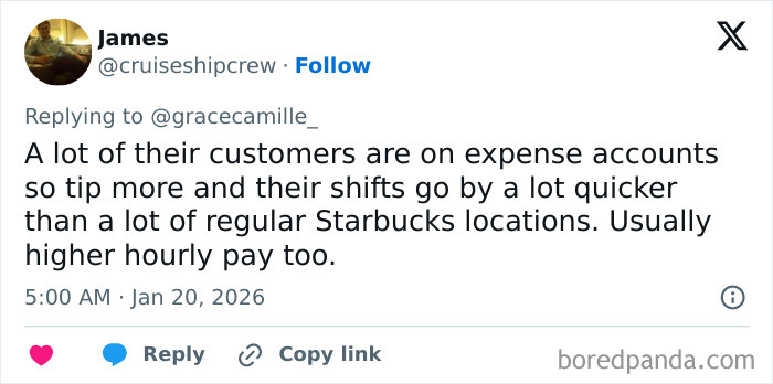 Tweet text discussing airport baristas having faster shifts, higher tips, and better hourly pay compared to regular Starbucks locations.