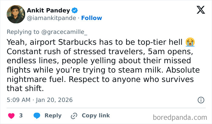 Tweet from an airport barista describing the stressful work environment with constant rush, early hours, and difficult customers.