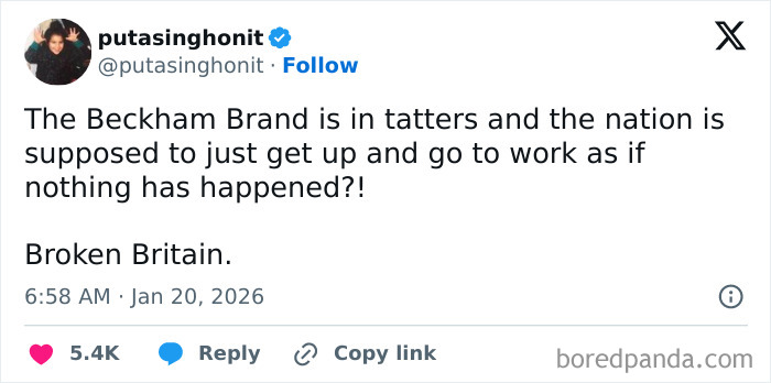 Tweet highlighting the Beckham brand crisis after Victoria Beckham steals the spotlight at son's wedding, sparking nationwide reactions.