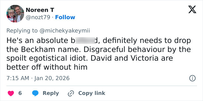 Tweet criticizing Brooklyn Beckham for being out of touch and involved in a family feud, with strong negative opinions expressed.