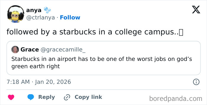 Screenshot of a tweet discussing how airport baristas have one of the worst jobs ever due to stressful work conditions.