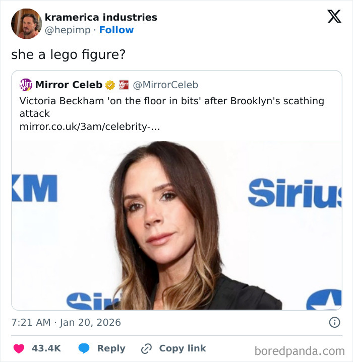 Victoria Beckham posing in front of SiriusXM backdrop, sparking memes after stealing the spotlight at son’s wedding.