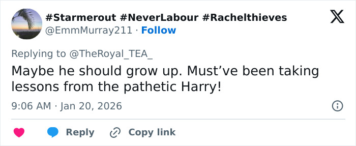 Screenshot of a tweet criticizing Brooklyn Beckham as out of touch amid family feud discussions.