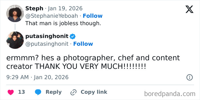 Twitter conversation about a man’s job status, mentioning photographer, chef, and content creator roles.