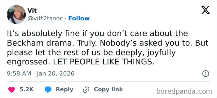Tweet expressing differing opinions about the Beckham drama, highlighting people’s joyful engagement with the event.
