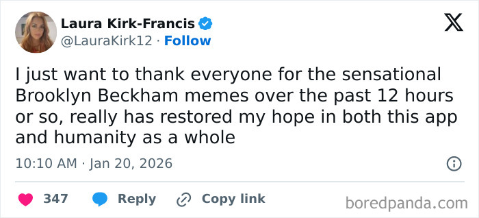 Tweet from Laura Kirk-Francis thanking fans for Brooklyn Beckham memes after Victoria Beckham steals spotlight at son’s wedding.
