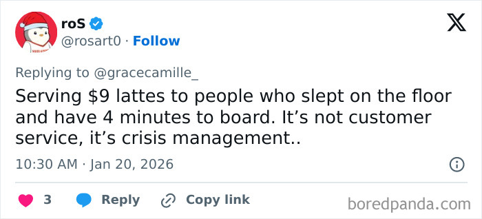 Tweet from airport barista describing the stressful job serving last-minute passengers and managing crisis situations.