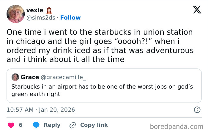 Screenshot of a tweet discussing the challenges airport baristas face working in high-pressure environments.