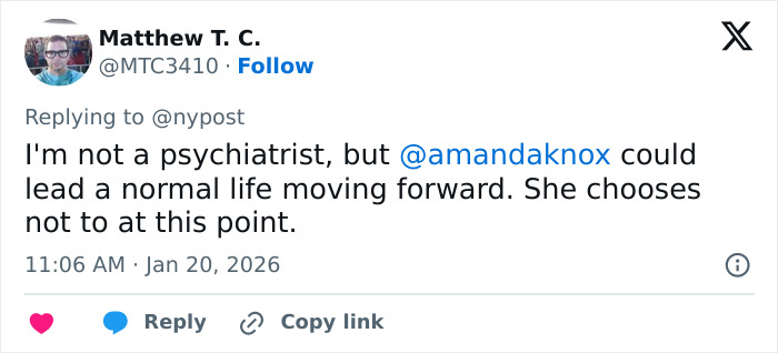 Tweet from Matthew T. C. discussing Amanda Knox and hinting at the ongoing cancel culture feud with Matt Damon.