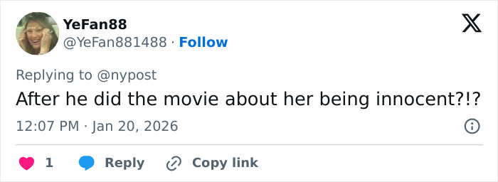 Tweet from a user questioning the movie about Amanda Knox's innocence amid cancel culture comments debate.