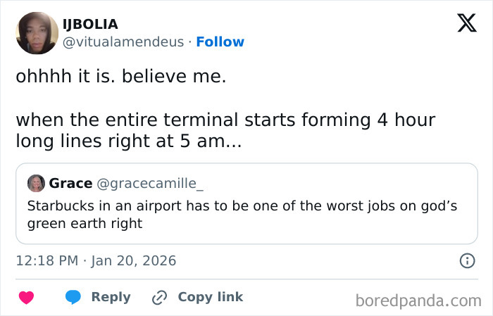 Tweet text discussing the challenges and long lines faced by airport baristas sharing why they have one of the worst jobs ever.