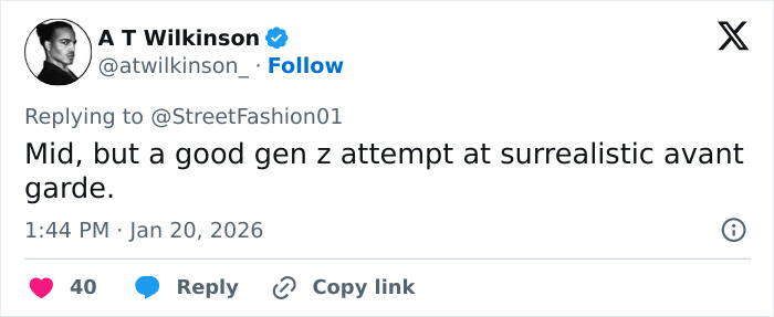 Screenshot of a Twitter reply critiquing Jaden Smith’s Christian Louboutin collection as a gen z avant-garde attempt. Screenshot of a Twitter reply critiquing Jaden Smith’s Christian Louboutin collection as a gen z avant-garde attempt.